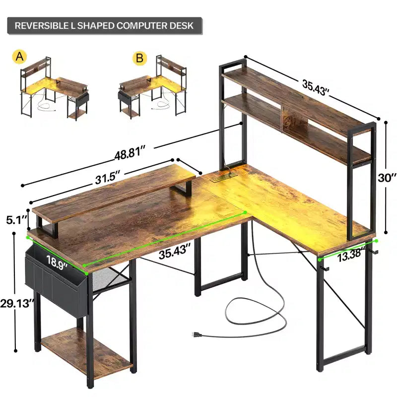Besiost L Desk Computer Table with Reversible Hutch and Charging Station