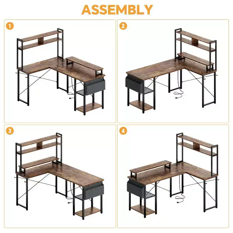 Besiost L Desk Computer Table with Reversible Hutch and Charging Station