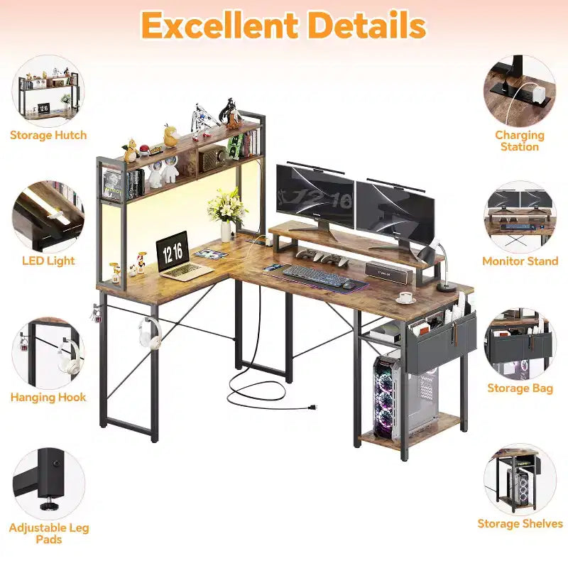 Besiost L Desk Computer Table with Reversible Hutch and Charging Station