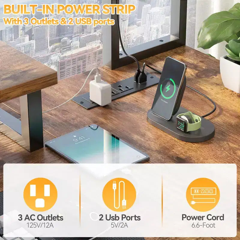Besiost L Desk Computer Table with Reversible Hutch and Charging Station