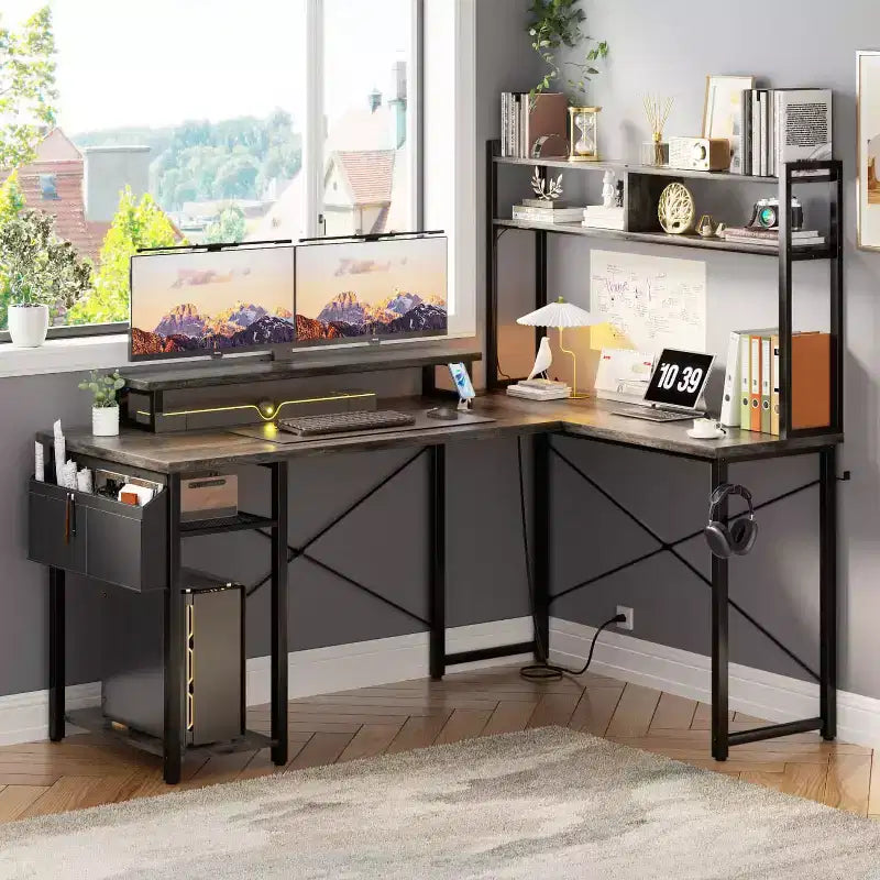 Besiost L Desk Computer Table with Reversible Hutch and Charging Station