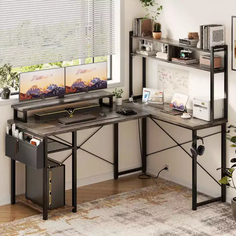 Besiost L Desk Computer Table with Reversible Hutch and Charging Station
