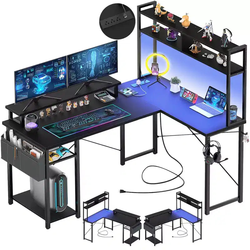 Besiost L Desk Computer Table with Reversible Hutch and Charging Station