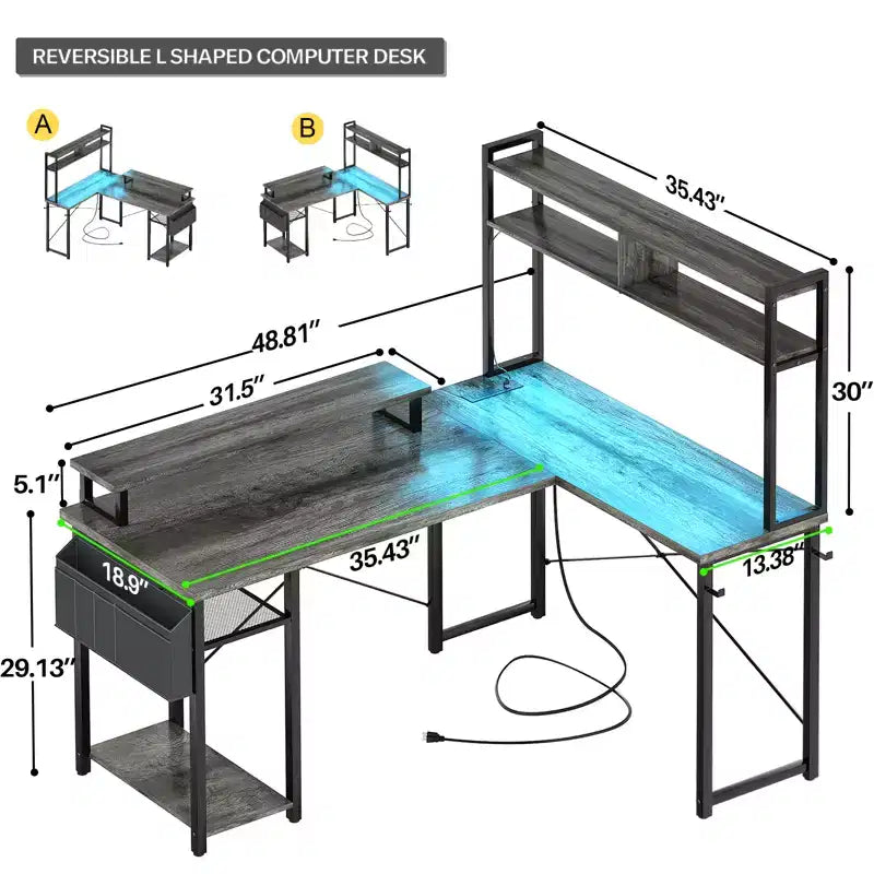 Besiost L Desk Computer Table with Reversible Hutch and Charging Station