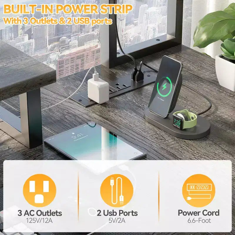 Besiost L Desk Computer Table with Reversible Hutch and Charging Station
