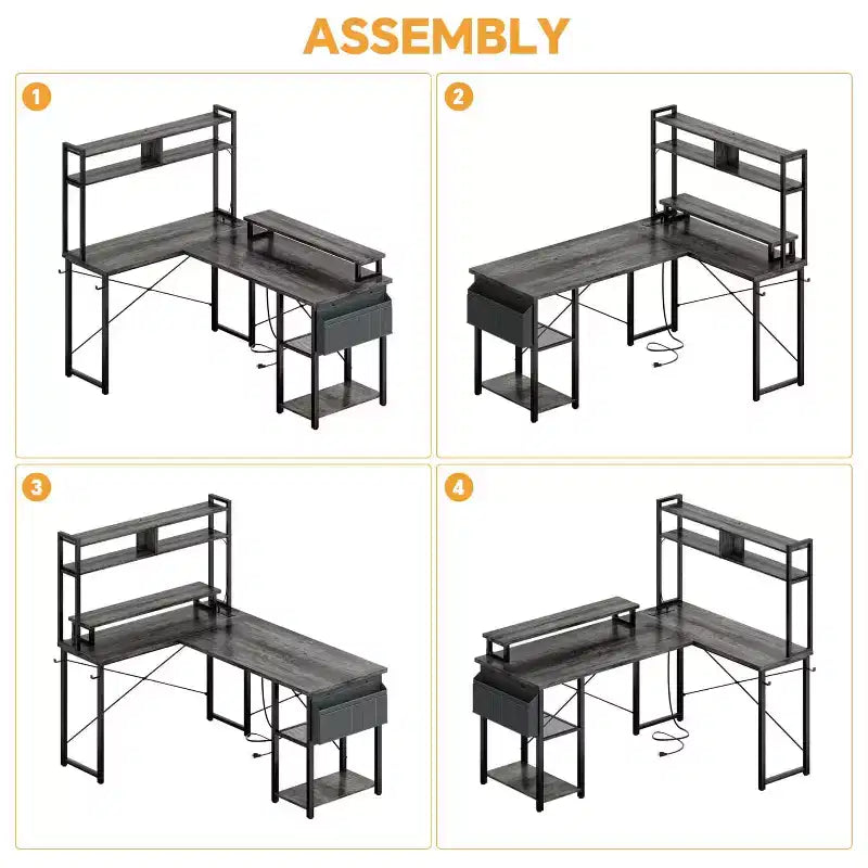 Besiost L Desk Computer Table with Reversible Hutch and Charging Station