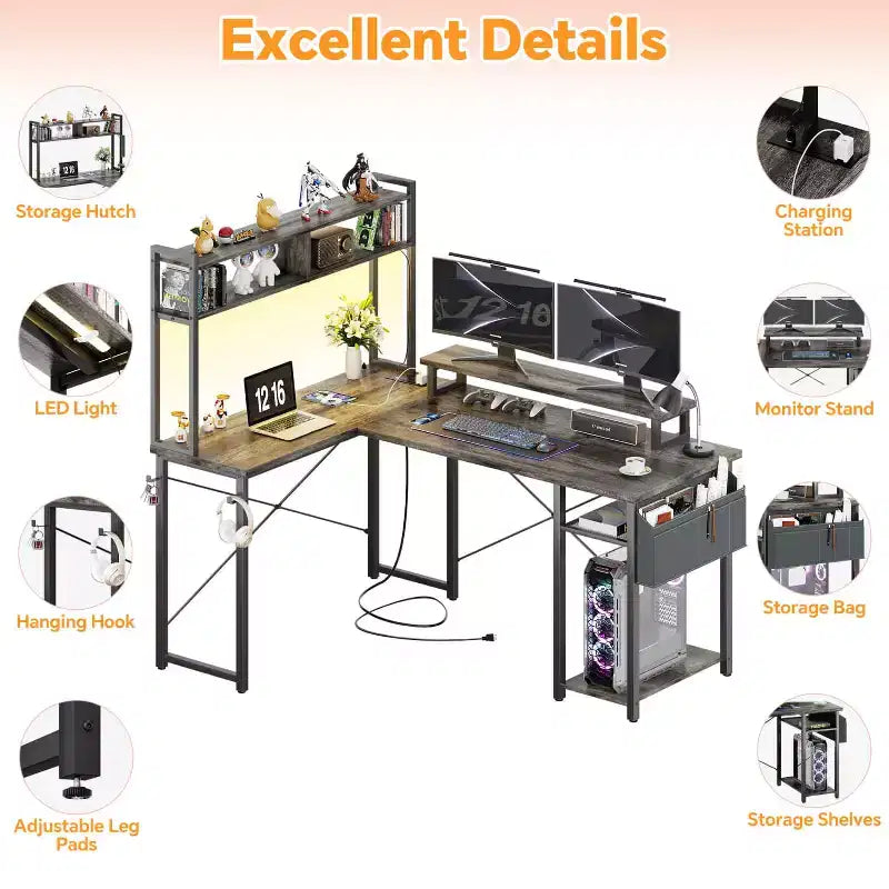 Besiost L Desk Computer Table with Reversible Hutch and Charging Station