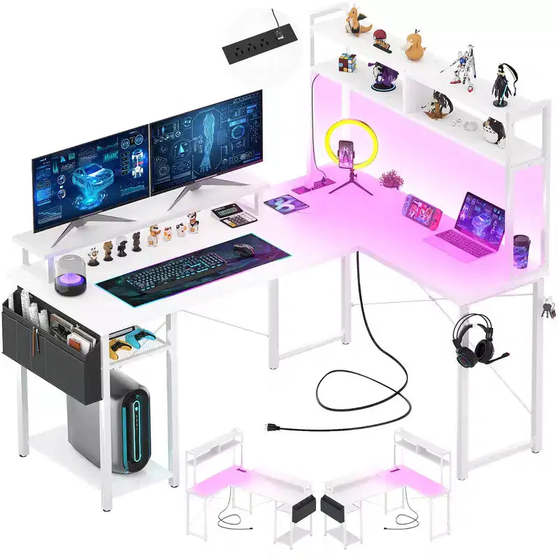 Besiost L Desk Computer Table with Reversible Hutch and Charging Station