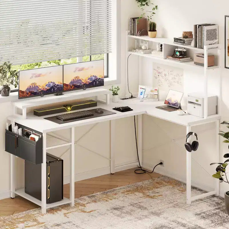 Besiost L Desk Computer Table with Reversible Hutch and Charging Station