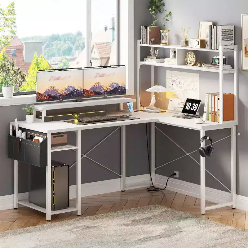 Besiost L Desk Computer Table with Reversible Hutch and Charging Station