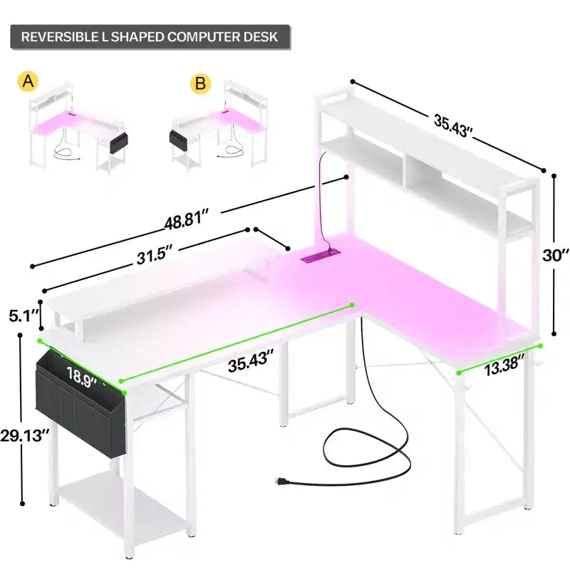 Besiost L Desk Computer Table with Reversible Hutch and Charging Station