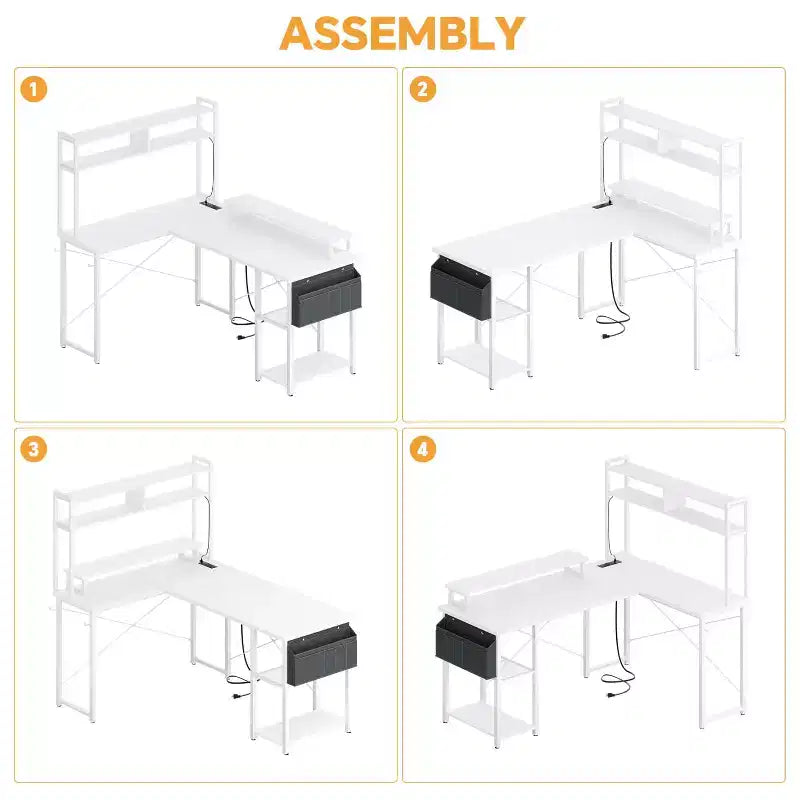 Besiost L Desk Computer Table with Reversible Hutch and Charging Station