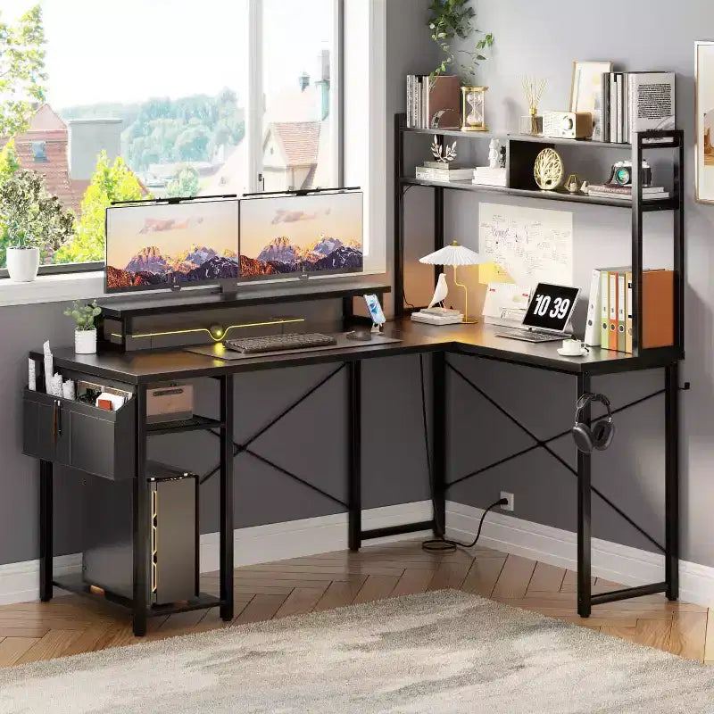 Besiost L Desk Computer Table with Reversible Hutch and Charging Station