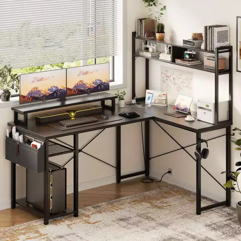 Besiost L Desk Computer Table with Reversible Hutch and Charging Station