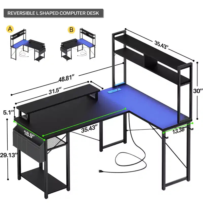 Besiost L Desk Computer Table with Reversible Hutch and Charging Station