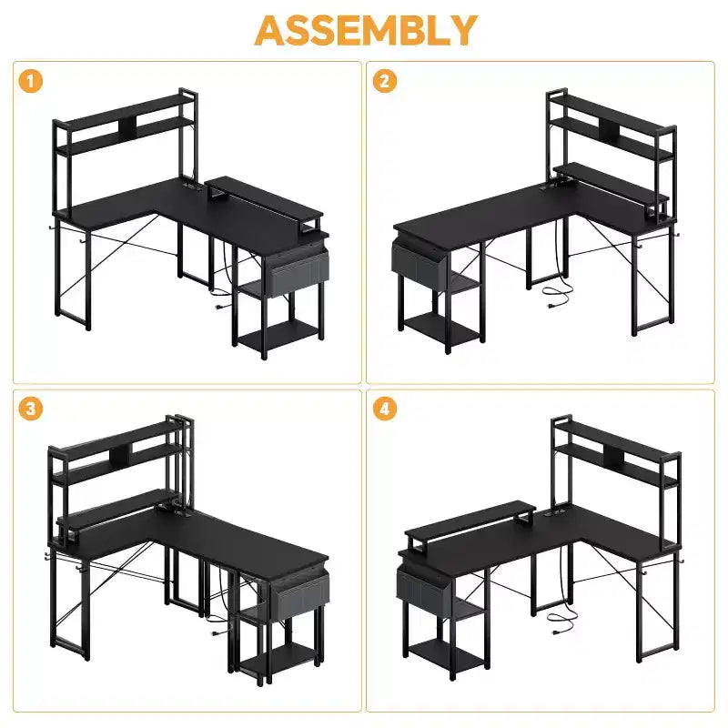 Besiost L Desk Computer Table with Reversible Hutch and Charging Station