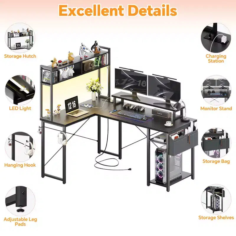 Besiost L Desk Computer Table with Reversible Hutch and Charging Station