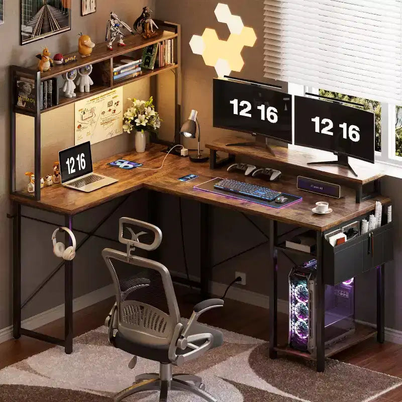 Besiost L Desk Computer Table with Reversible Hutch and Charging Station