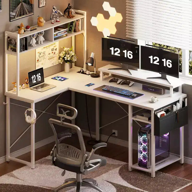 Besiost L Desk Computer Table with Reversible Hutch and Charging Station