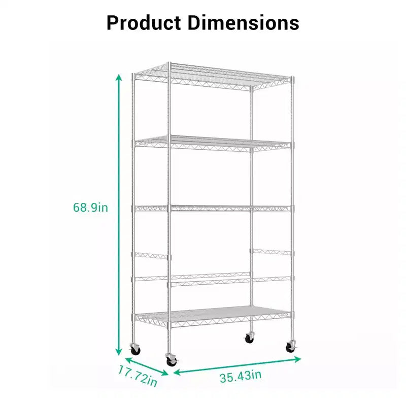 5-Tier Storage Shelves with Wheels, Metal Garage Shelving, Adjustable Pantry Shelf, Commercial Shelving