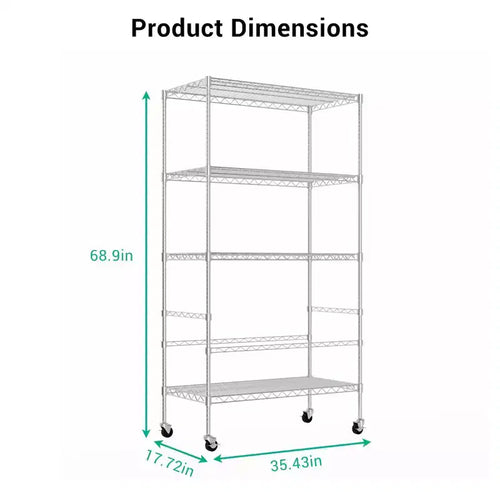 5-Tier Storage Shelves with Wheels, Metal Garage Shelving, Adjustable Pantry Shelf, Commercial Shelving
