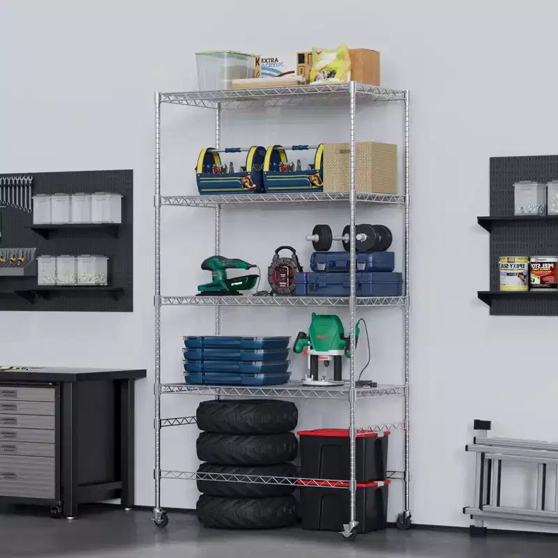 5-Tier Storage Shelves with Wheels, Metal Garage Shelving, Adjustable Pantry Shelf, Commercial Shelving