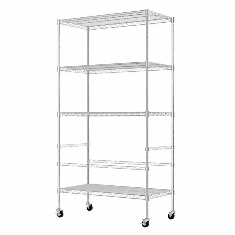 5-Tier Storage Shelves with Wheels, Metal Garage Shelving, Adjustable Pantry Shelf, Commercial Shelving