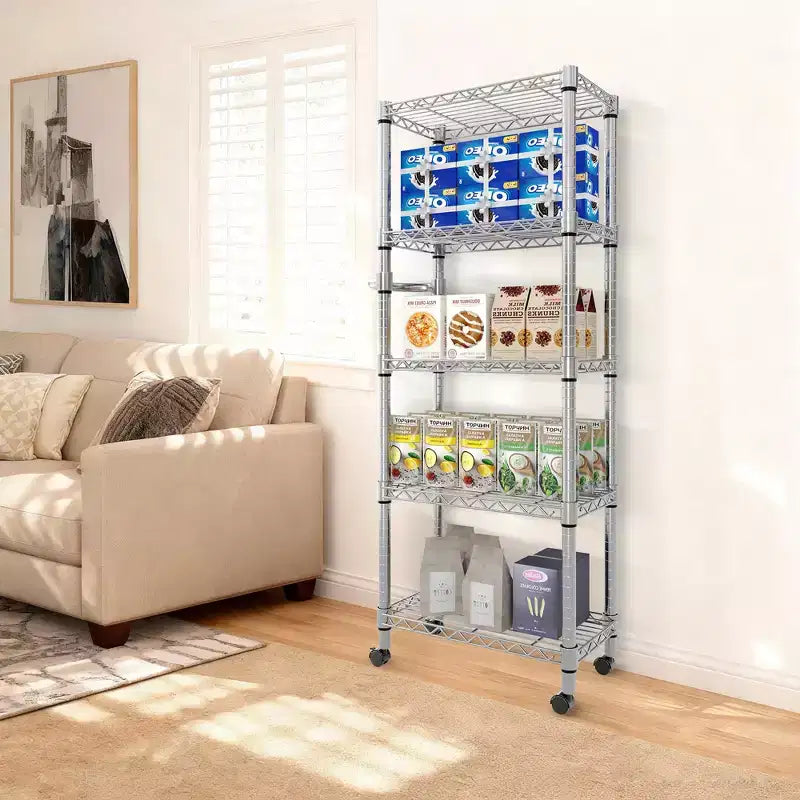 5-Tier Storage Shelves with Wheels, Metal Garage Shelving, Adjustable Pantry Shelf, Commercial Shelving