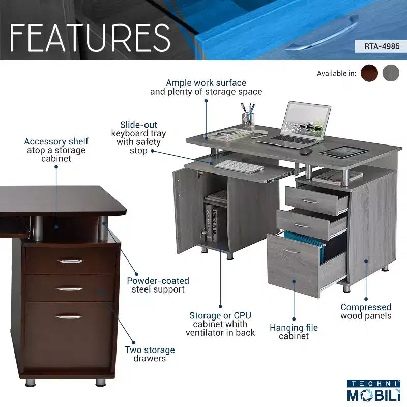 Okak 47.5IN Modern Home Office Desks, Computer Desk with 3 Drawers and 1 Cabinet Door, Writing Desk for Living Room, Study