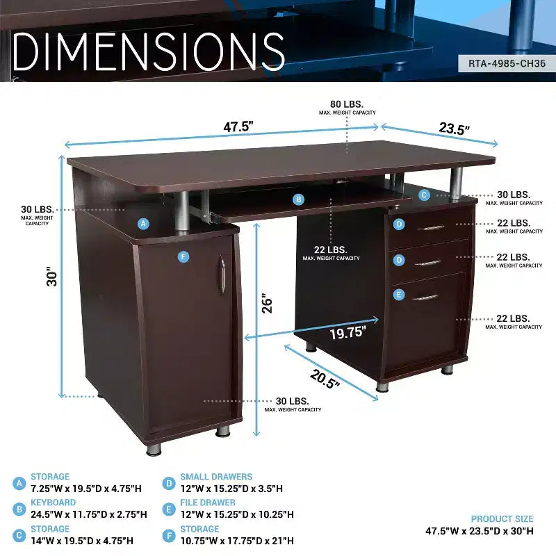 Okak 47.5IN Modern Home Office Desks, Computer Desk with 3 Drawers and 1 Cabinet Door, Writing Desk for Living Room, Study