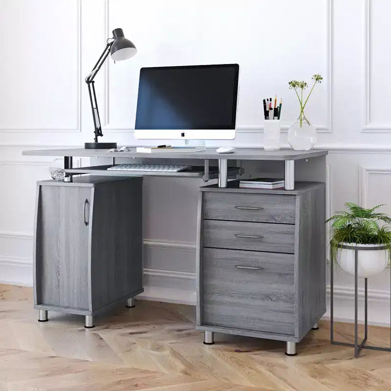 Okak 47.5IN Modern Home Office Desks, Computer Desk with 3 Drawers and 1 Cabinet Door, Writing Desk for Living Room, Study