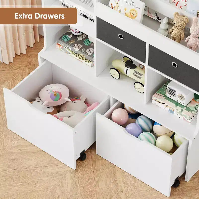 Toy Storage Organizer 47.8in Kids Bookshelf with Drawers Modern Bookcase with Cubbies Floor Storage Cabinet Wooden Toy Chest for Playroom Nursery