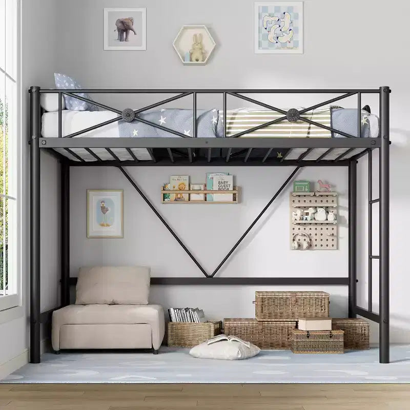 Twin Loft Bed Frame, Heavy Duty Metal with 400 Lbs Capacity, Space-Saving Noise-Free Design for Kids Teens Adults