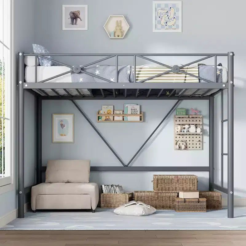 Twin Loft Bed Frame, Heavy Duty Metal with 400 Lbs Capacity, Space-Saving Noise-Free Design for Kids Teens Adults