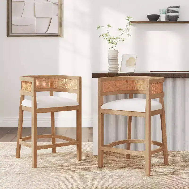 Christopher Knight Home Set of 2 Amir Contemporary Rubberwood Upholstered with Curved Rattan Back Counter Height Barstools Oak