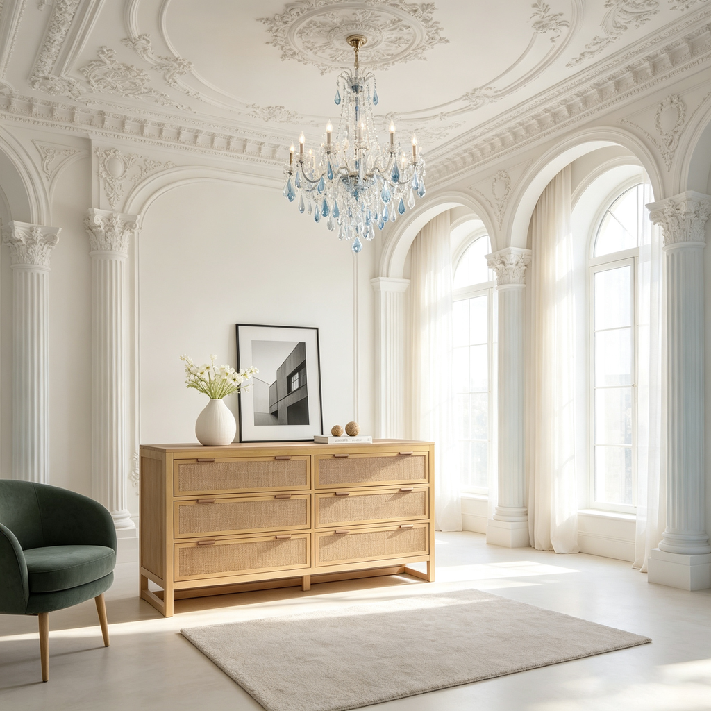 Commode moderne bohème à 6 tiroirs avec accents en bois massif et rotin naturel