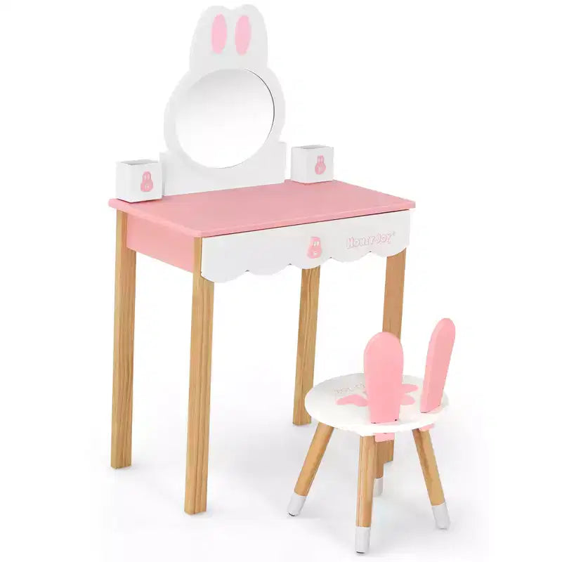 Costway Kids Vanity Set Rabbit Makeup Dressing Table Chair Set W/ Mirror Drawer White\Pink