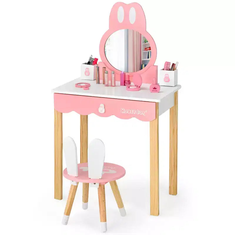 Costway Kids Vanity Set Rabbit Makeup Dressing Table Chair Set W/ Mirror Drawer White\Pink