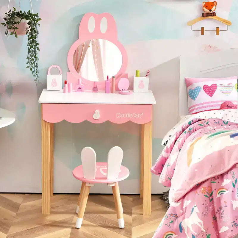 Costway Kids Vanity Set Rabbit Makeup Dressing Table Chair Set W/ Mirror Drawer White\Pink