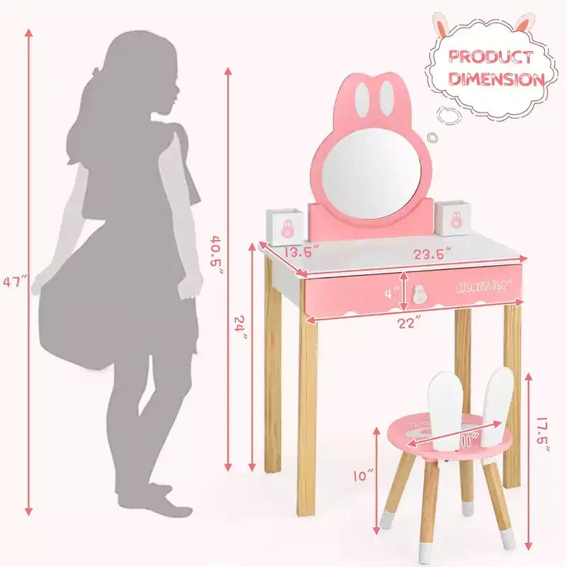 Costway Kids Vanity Set Rabbit Makeup Dressing Table Chair Set W/ Mirror Drawer White\Pink