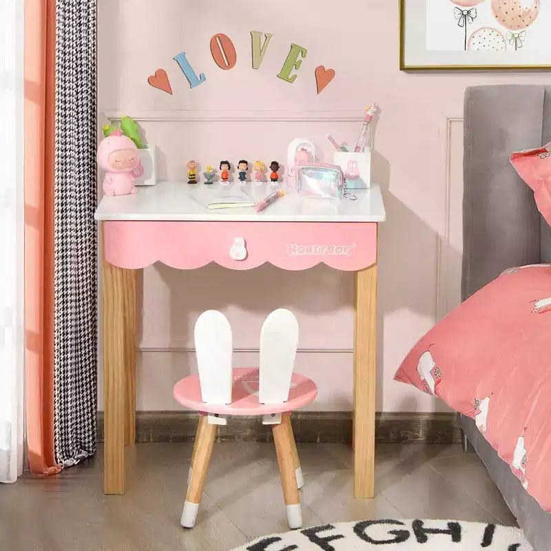 Costway Kids Vanity Set Rabbit Makeup Dressing Table Chair Set W/ Mirror Drawer White\Pink