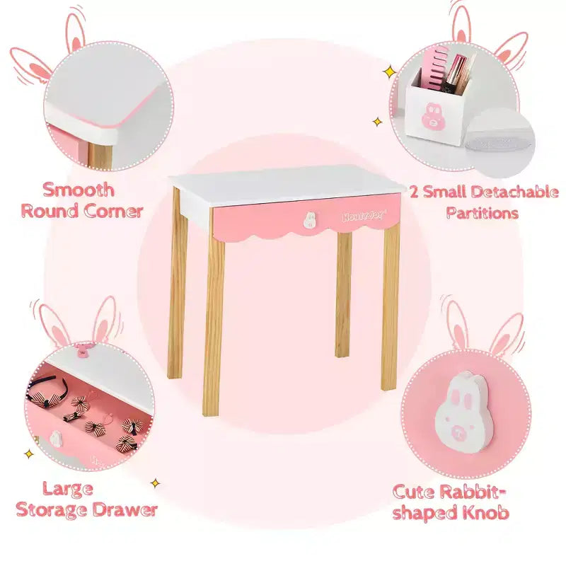 Costway Kids Vanity Set Rabbit Makeup Dressing Table Chair Set W/ Mirror Drawer White\Pink