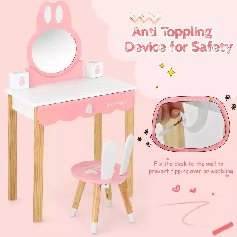 Costway Kids Vanity Set Rabbit Makeup Dressing Table Chair Set W/ Mirror Drawer White\Pink