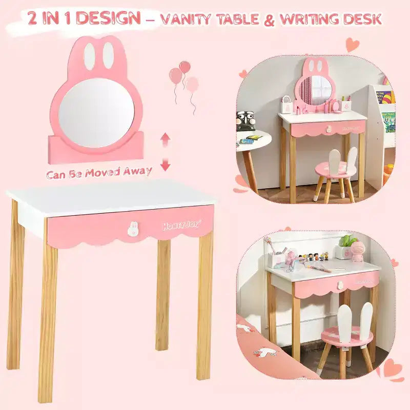 Costway Kids Vanity Set Rabbit Makeup Dressing Table Chair Set W/ Mirror Drawer White\Pink