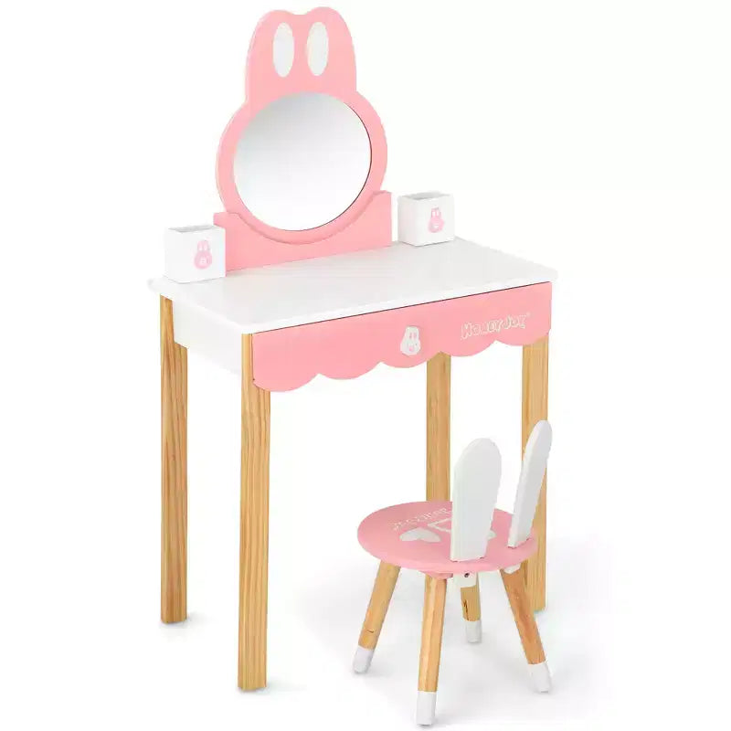 Costway Kids Vanity Set Rabbit Makeup Dressing Table Chair Set W/ Mirror Drawer White\Pink