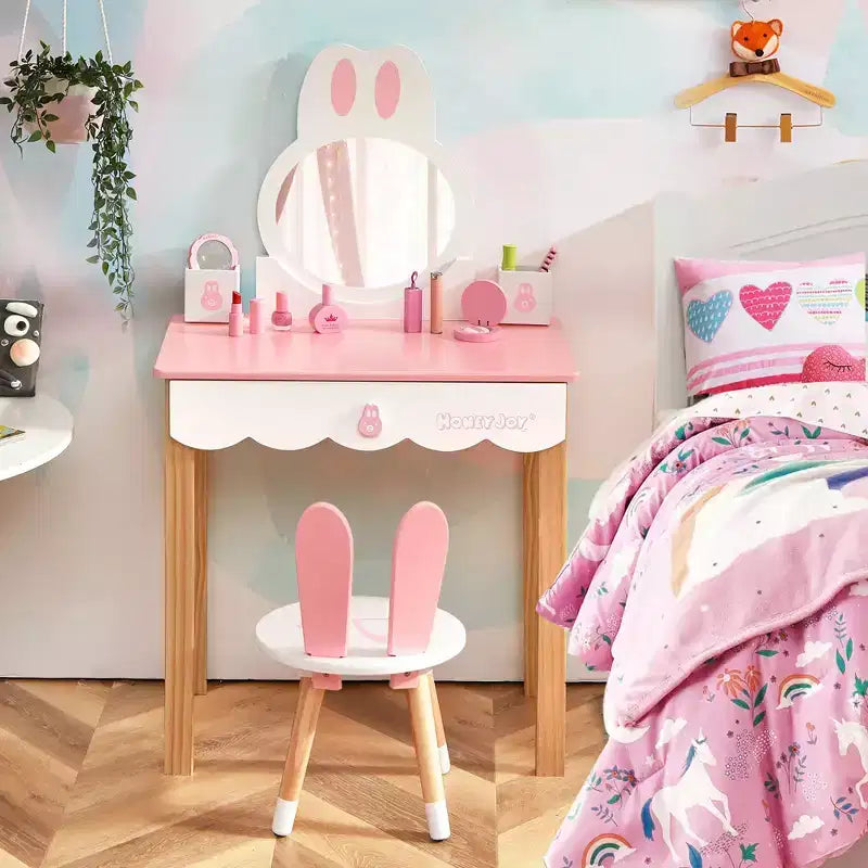 Costway Kids Vanity Set Rabbit Makeup Dressing Table Chair Set W/ Mirror Drawer White\Pink