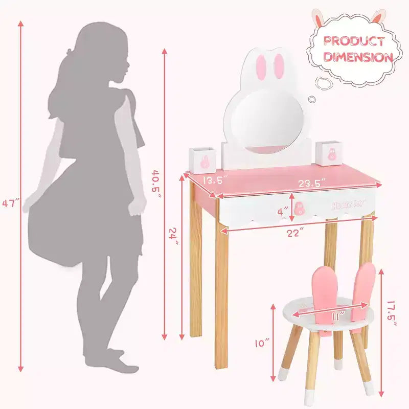 Costway Kids Vanity Set Rabbit Makeup Dressing Table Chair Set W/ Mirror Drawer White\Pink