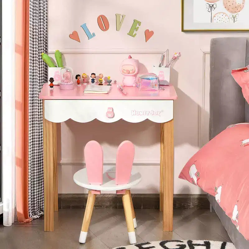 Costway Kids Vanity Set Rabbit Makeup Dressing Table Chair Set W/ Mirror Drawer White\Pink