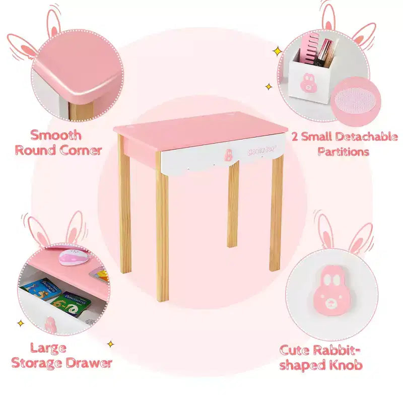 Costway Kids Vanity Set Rabbit Makeup Dressing Table Chair Set W/ Mirror Drawer White\Pink