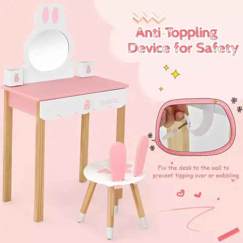 Costway Kids Vanity Set Rabbit Makeup Dressing Table Chair Set W/ Mirror Drawer White\Pink